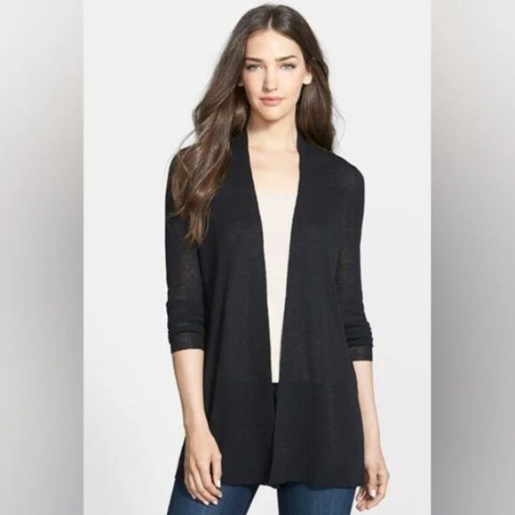 Eileen Fisher Women Black Knit Tunic Length Open Front Cardigan Sweater sz Large - Picture 1 of 8